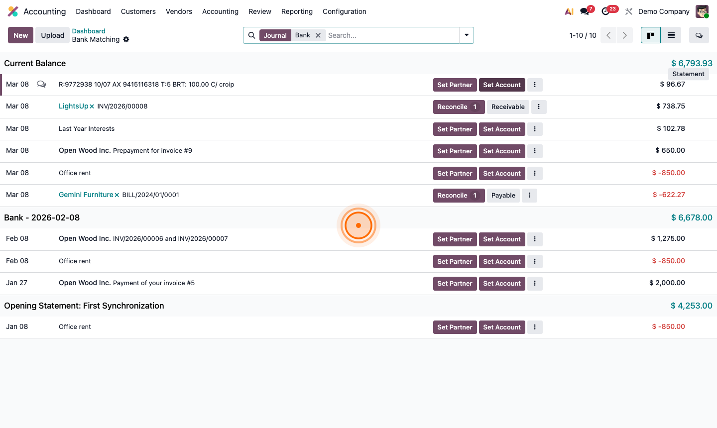 Step 2: Bank reconciliation interface showing bank transactions on left and suggested matches on right
