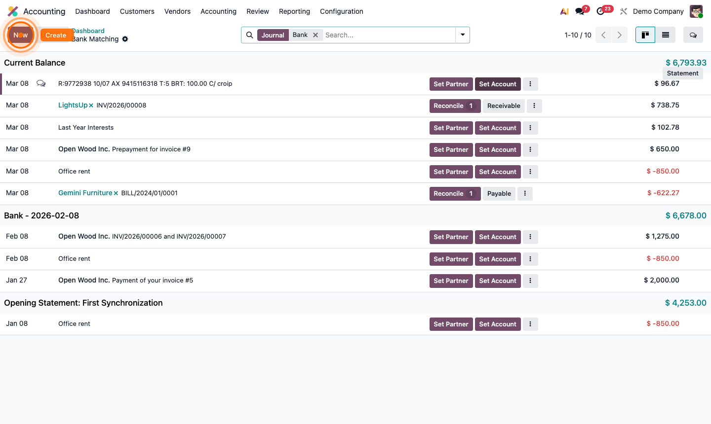 Step 4: Create entry dialog for an unmatched bank transaction with account and label fields