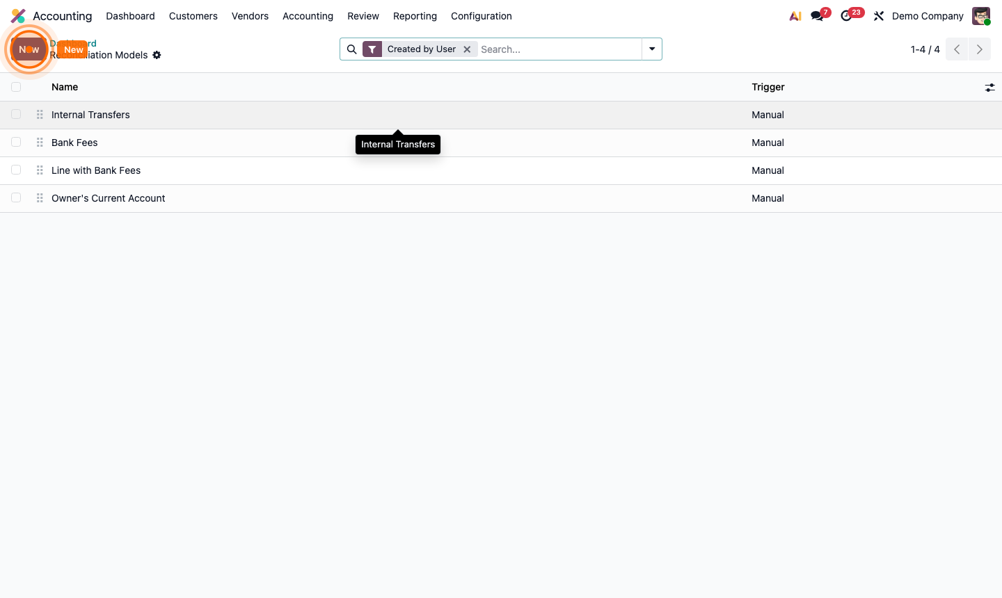 Step 5: Reconciliation model form showing matching criteria and write-off account configuration