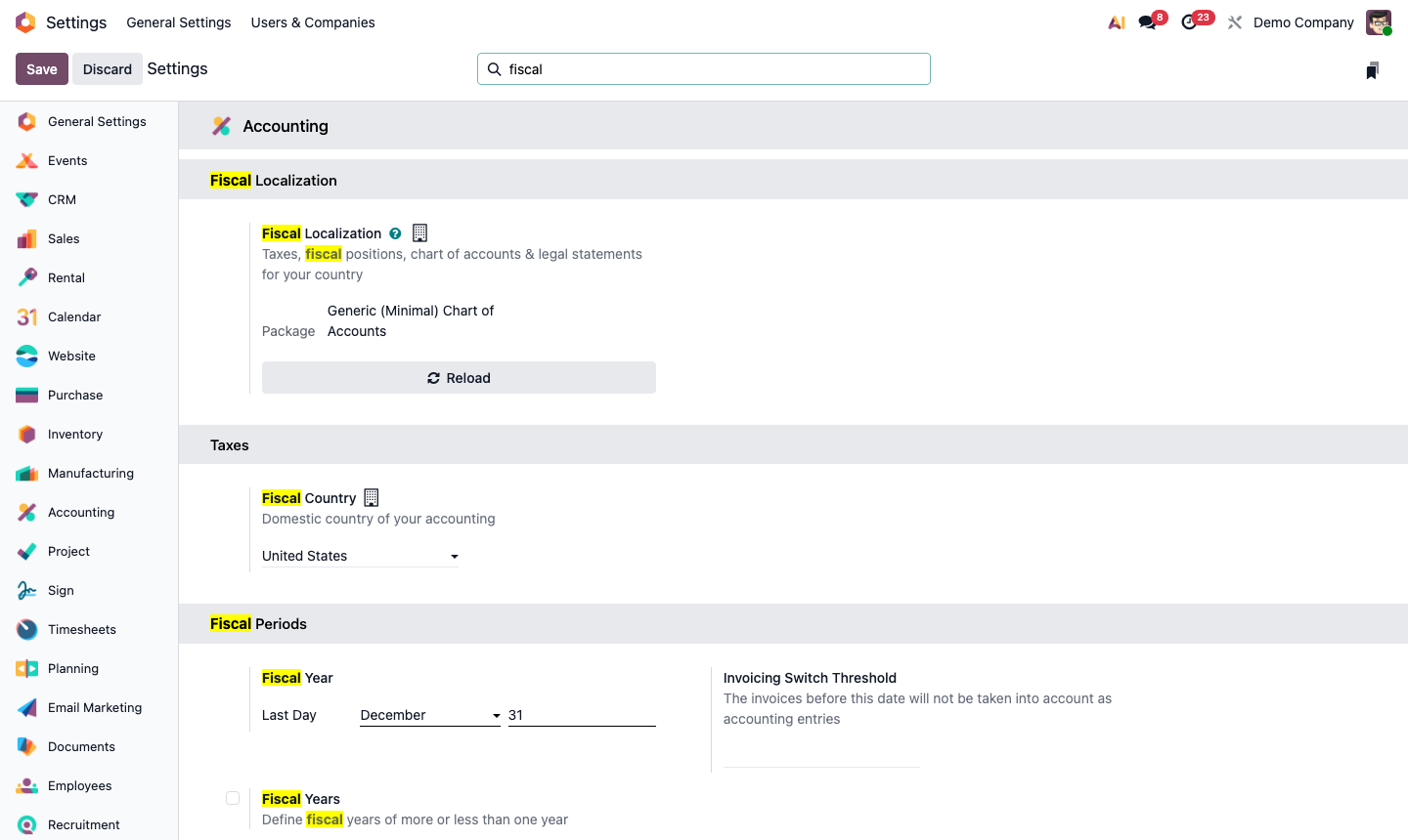 Step 6: Accounting settings showing fiscal year dates and lock dates configuration