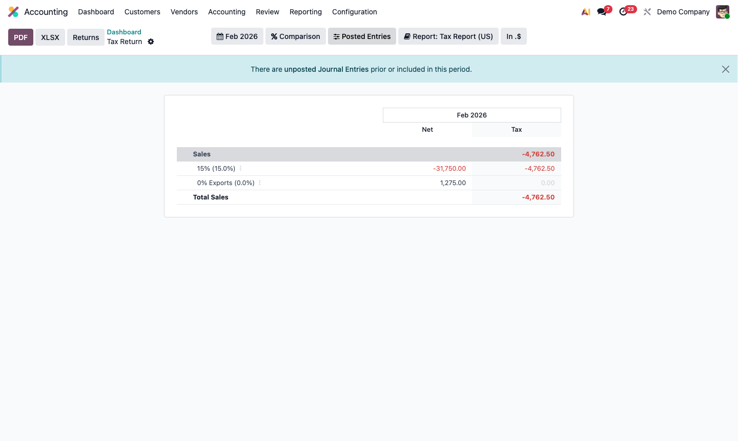 Step 5: Tax report showing output tax, input tax, and net tax due per tax code for the period