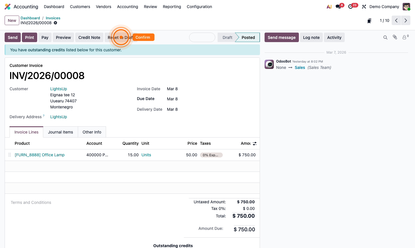 Step 3: Posted invoice with assigned number, status badge, and journal entries created