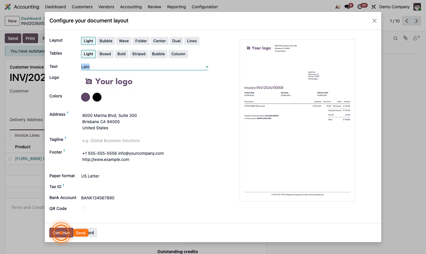 Step 4: Send invoice email dialog with PDF preview and customer address