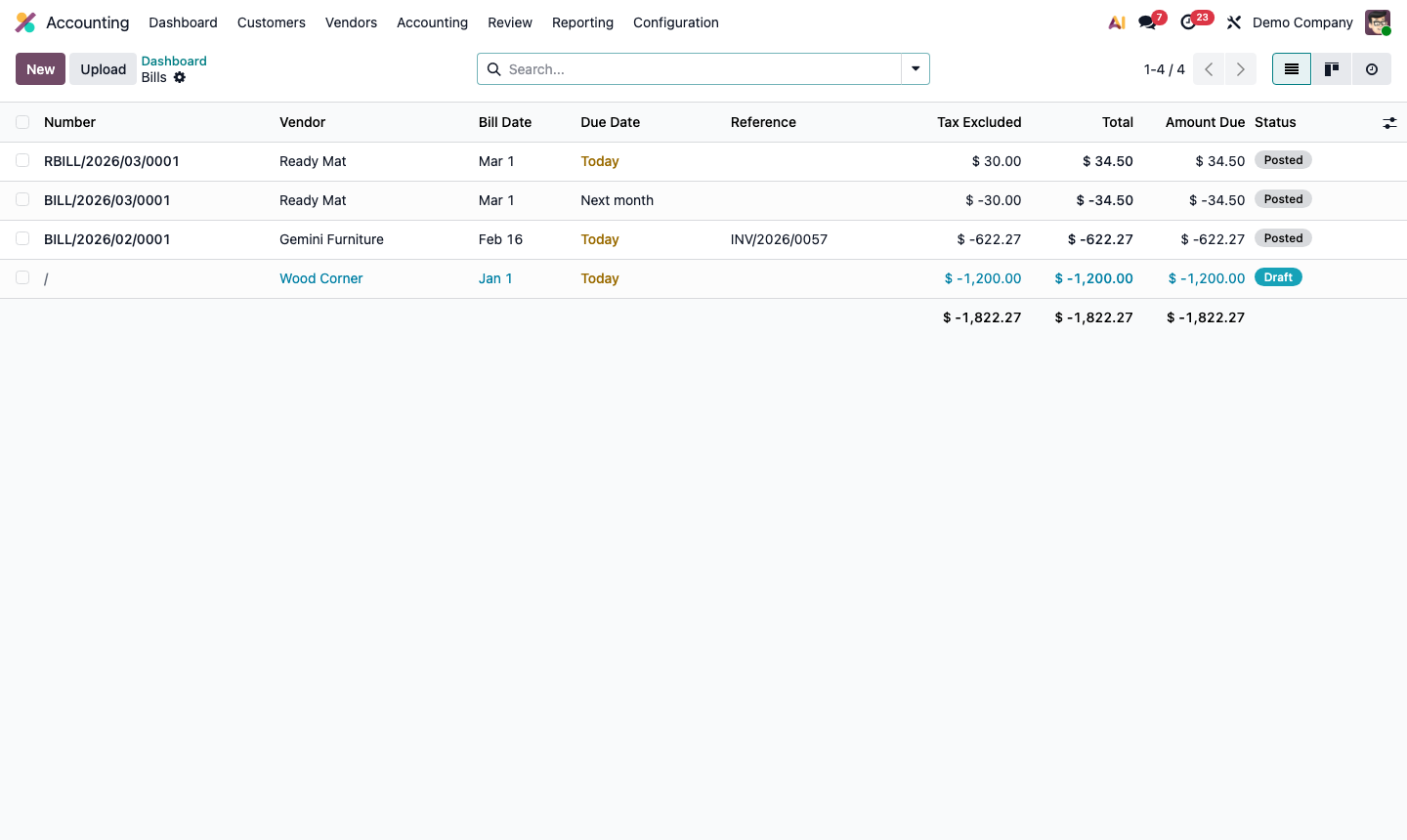Step 1: Vendor bills list showing status badges, due dates, and amount due columns