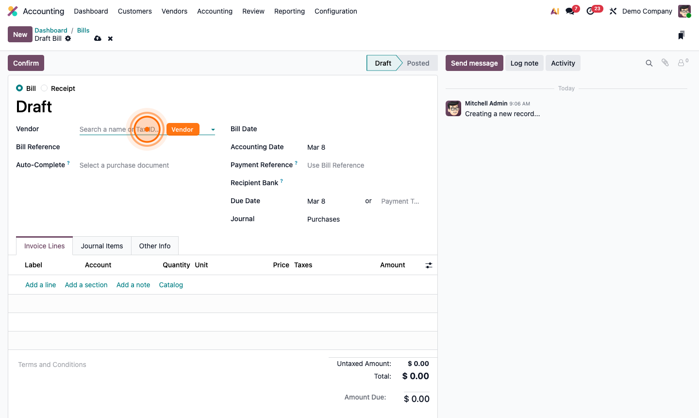 Step 2: New vendor bill form showing vendor, bill reference, due date, and line items