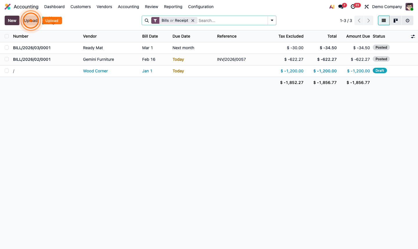 Step 3: Bill upload interface showing AI-extracted fields from a scanned PDF invoice