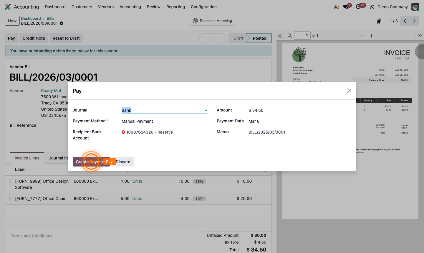 Step 5: Register payment dialog for vendor bill with journal, date, and amount fields