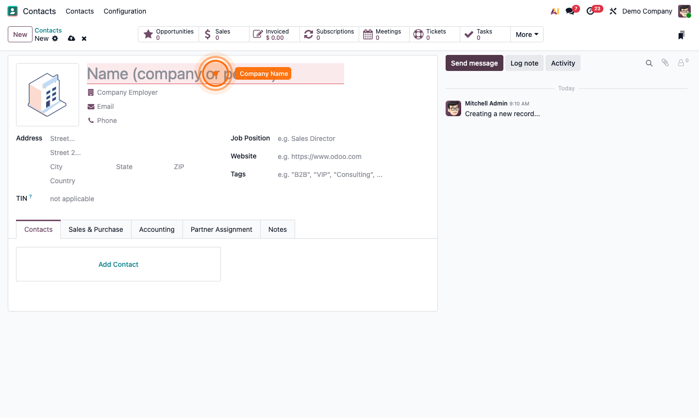 Step 2: New company contact form with name, address, and Sales tab fields