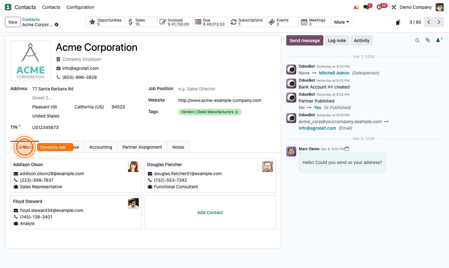 Step 3: Company record showing Contacts tab with linked individual contacts