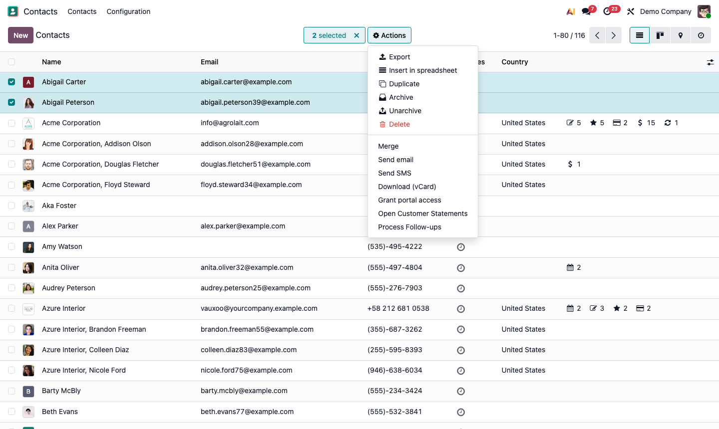 Step 5: Bulk action menu on contacts list showing Set Tags option for selected records