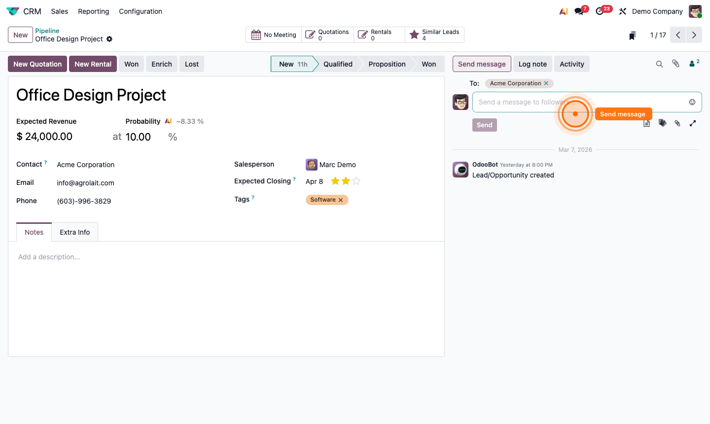Step 5: Send message panel on opportunity chatter with email compose fields and template option