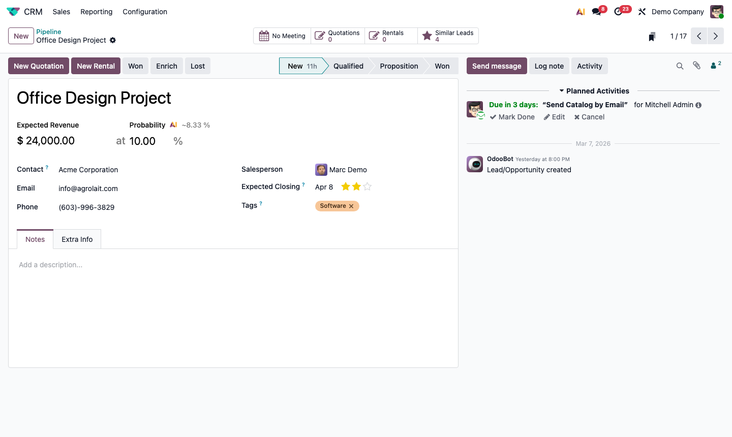 Step 3: Opportunity form with pipeline stage status bar at the top