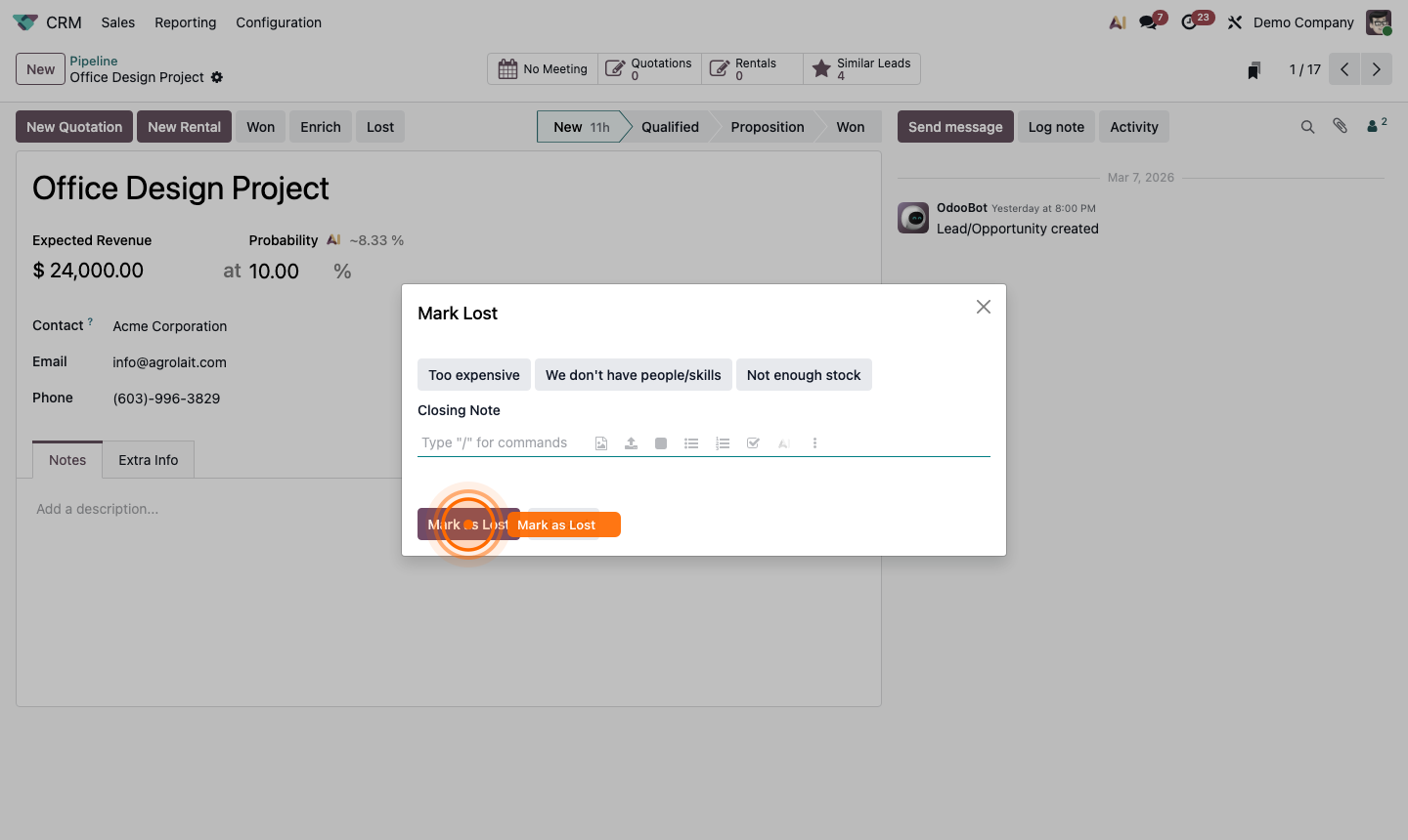 Step 3: Lost reason selection dialog and Won/Lost reason configuration list