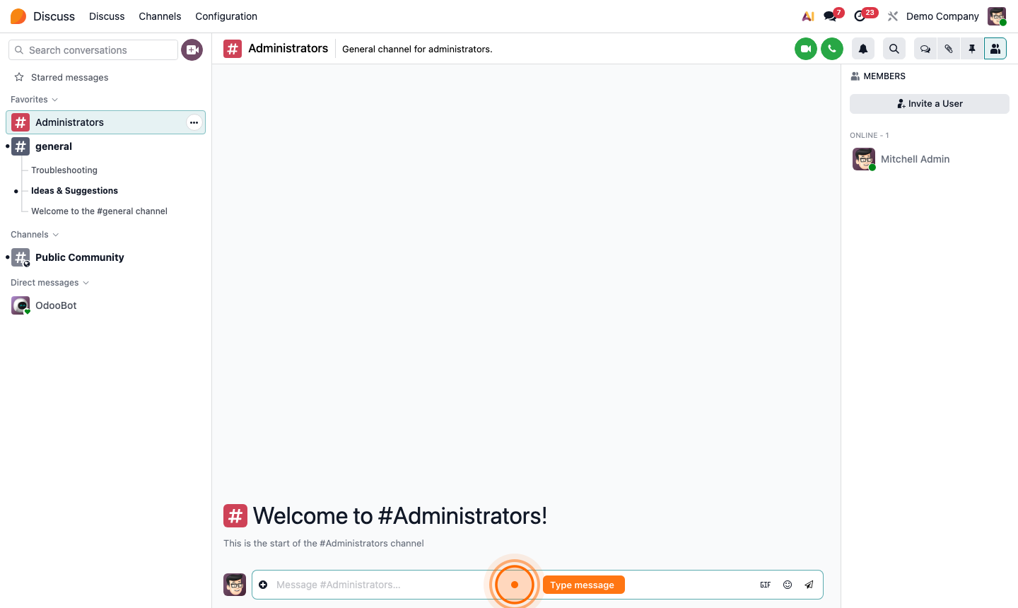 Step 2: Discuss channel view with message thread and member list sidebar