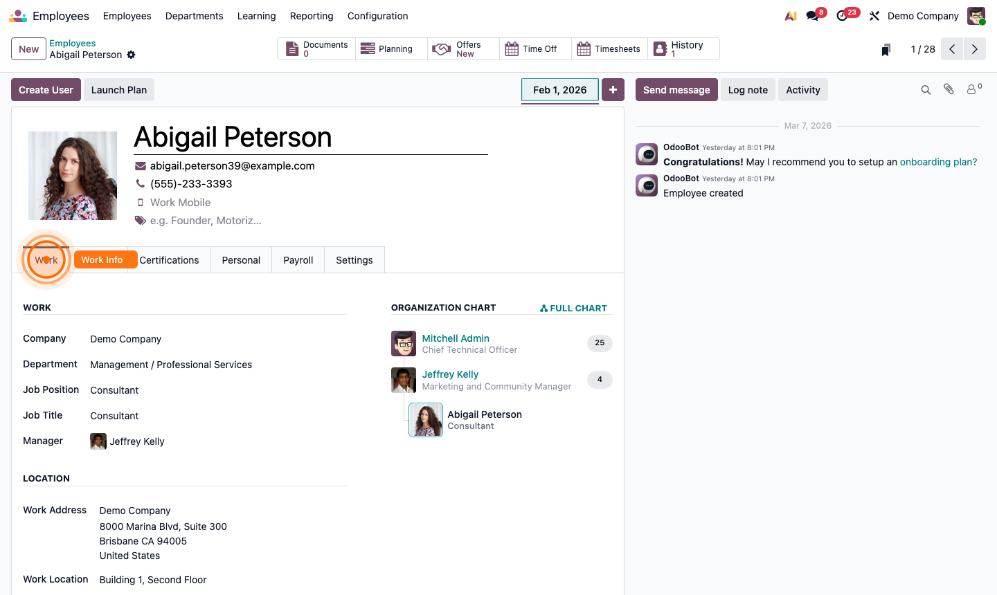 Step 2: New employee form with name, job position, contact fields, and Work tab
