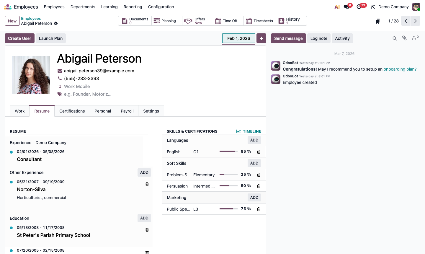 Step 4: Employee record with Create User button and linked user account details