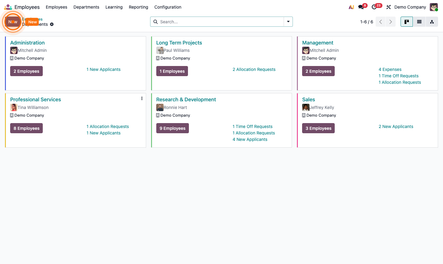 Step 5: Departments list with new department form showing name and manager fields