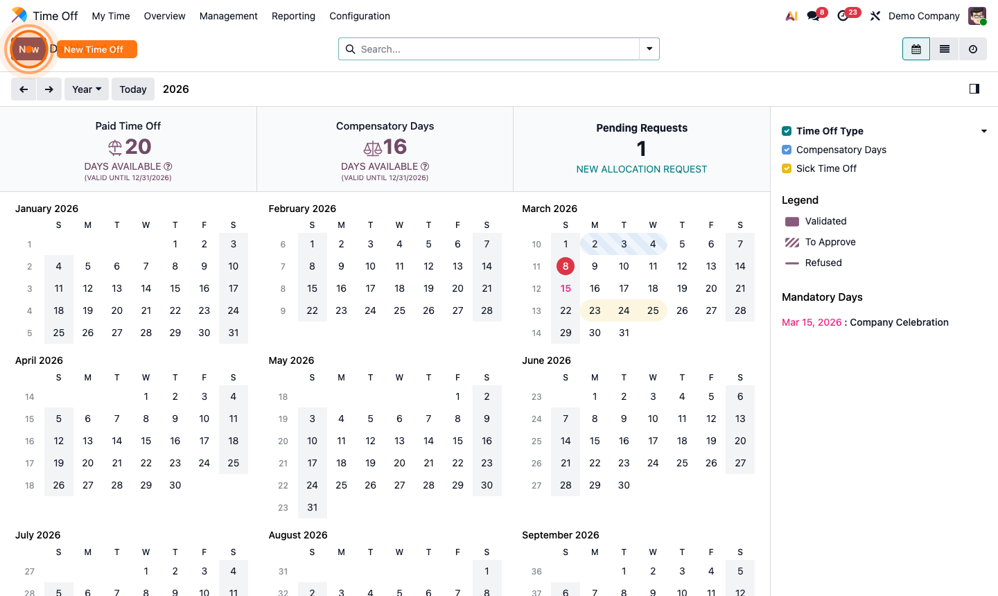 Step 6: Time off request list showing pending approvals and employee leave history