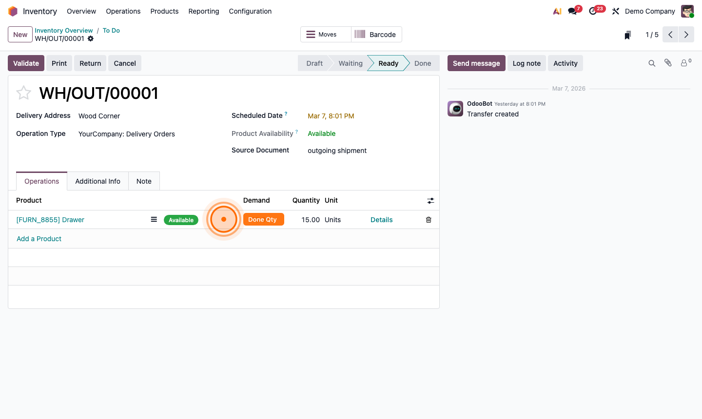 Step 3: Delivery form with Done quantity fields filled and Print Delivery Slip option