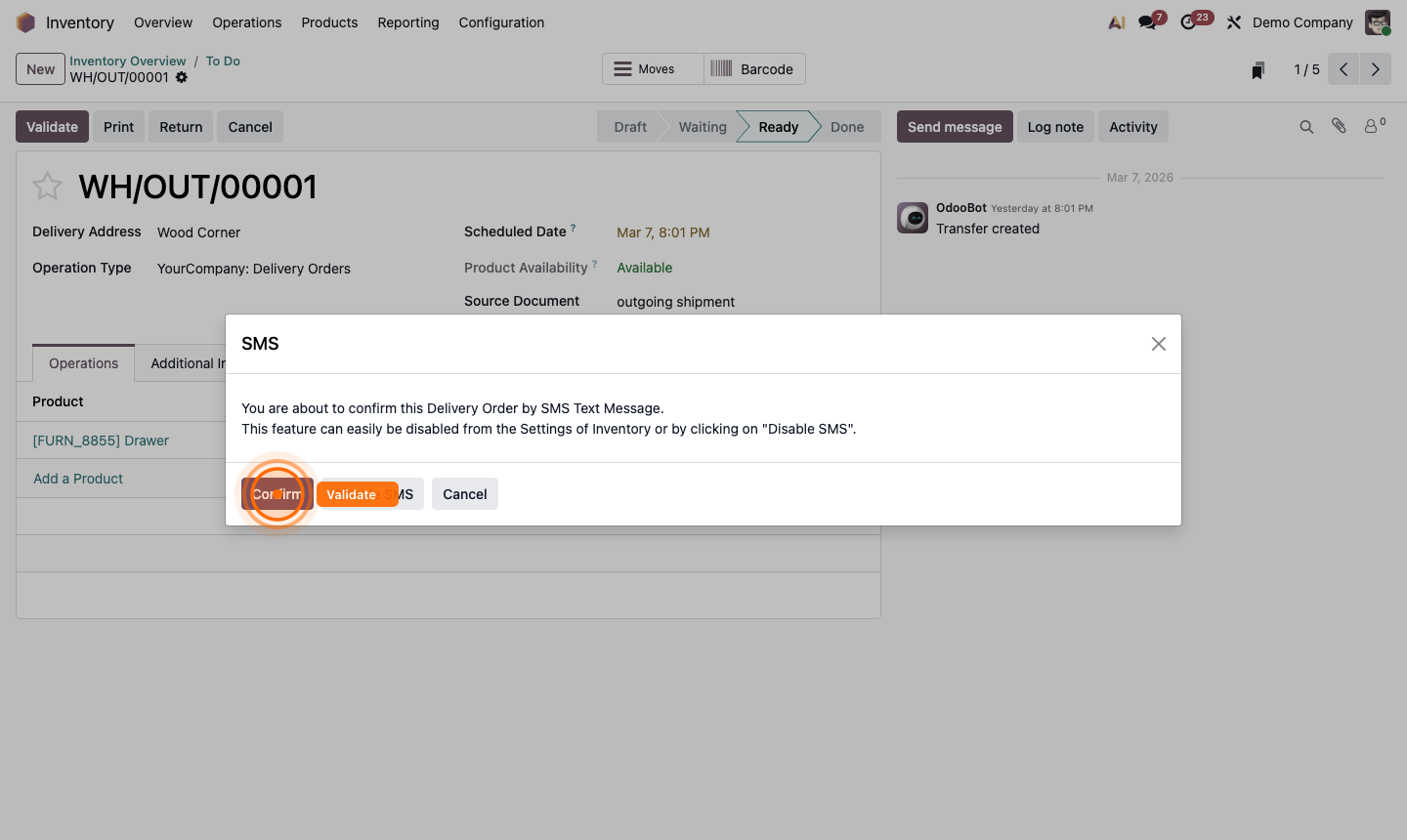 Step 4: Validate delivery dialog asking whether to create a backorder for unshipped items