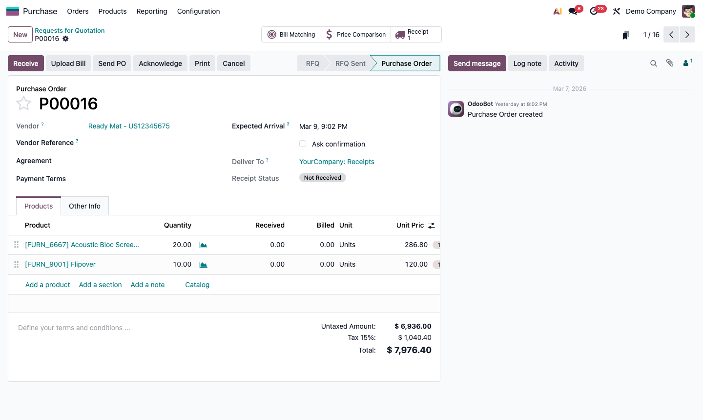 Step 3: Send RFQ email dialog with vendor address and PDF attachment