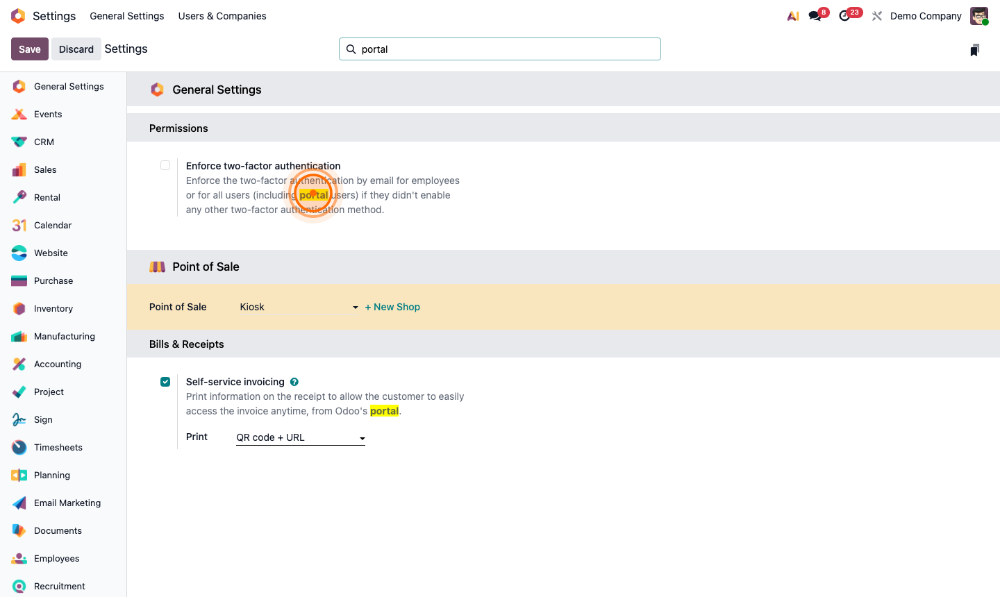 Step 1: Settings Permissions section showing Customer Portal option enabled