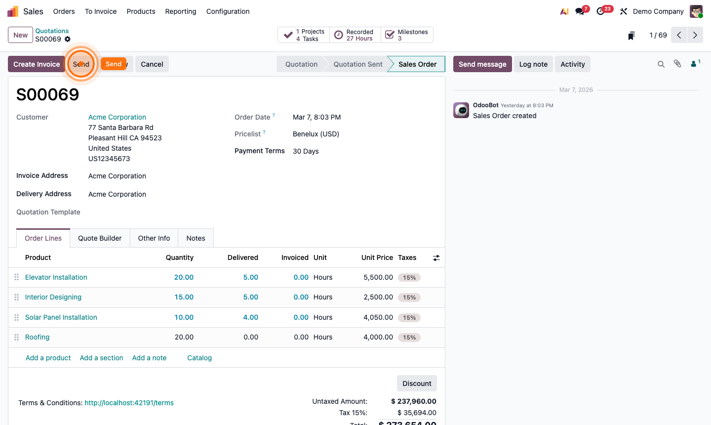 Step 3: Customer portal view of a quotation with Accept & Sign and Pay Now buttons