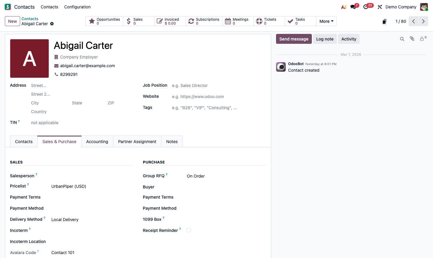 Step 3: Customer contact Sales tab showing Pricelist assignment field