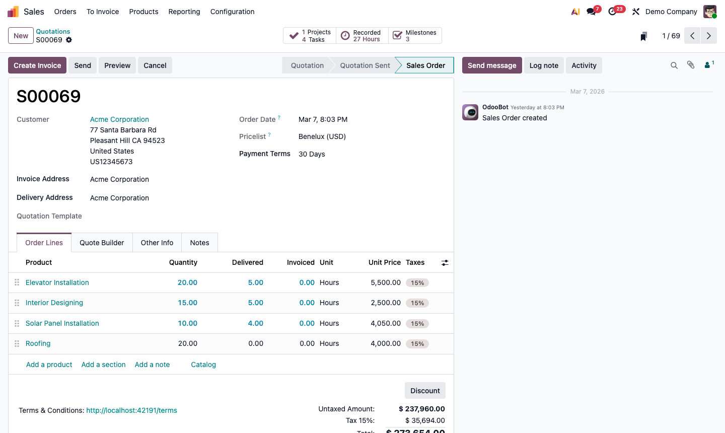 Step 4: Quotation showing Pricelist field in header and discount column on order lines