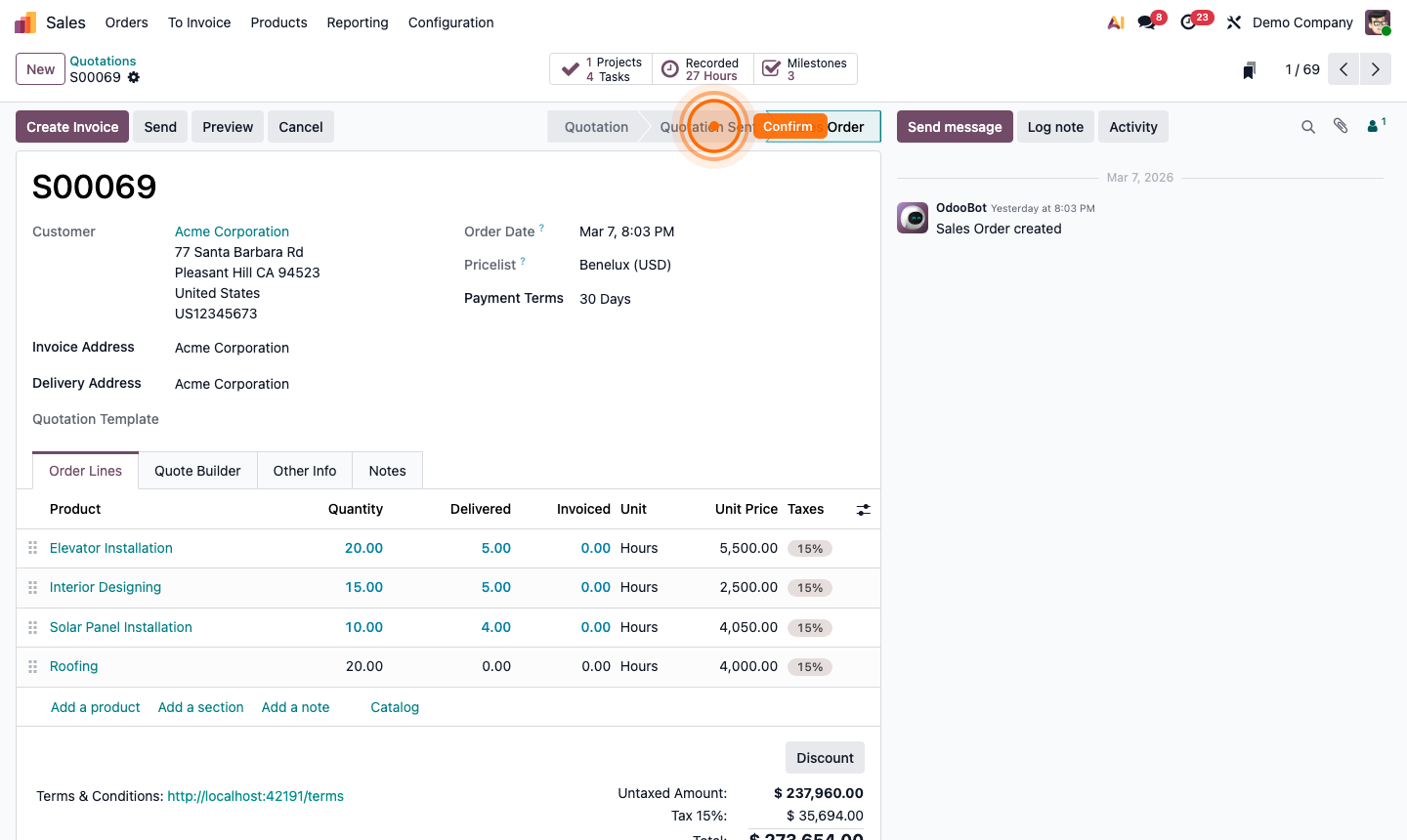 Step 5: Confirmed sales order with order number, Delivery and Invoice smart buttons