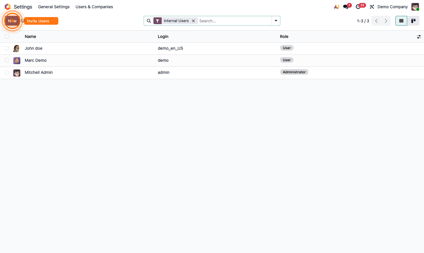 Step 1: Users list showing all internal users