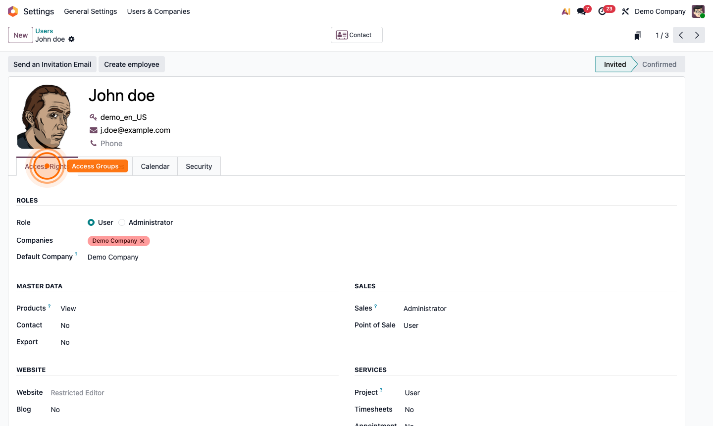 Step 3: User access rights tab showing module-level group assignments